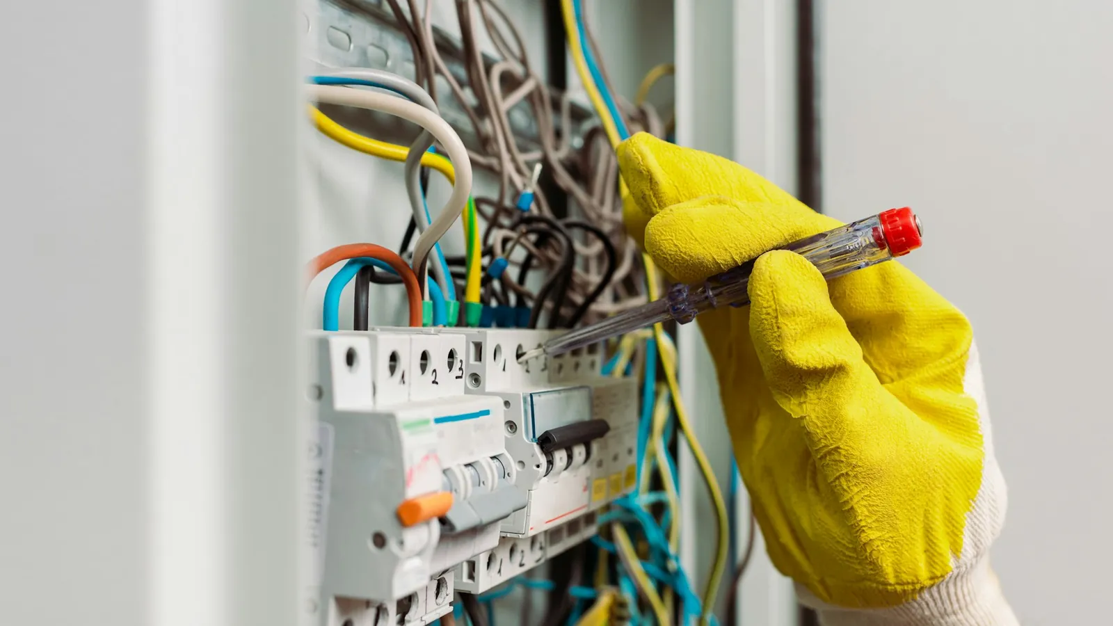 Mano con guante amarillo comprobando con un destornillador buscapolos las conexiones de un cuadro eléctrico